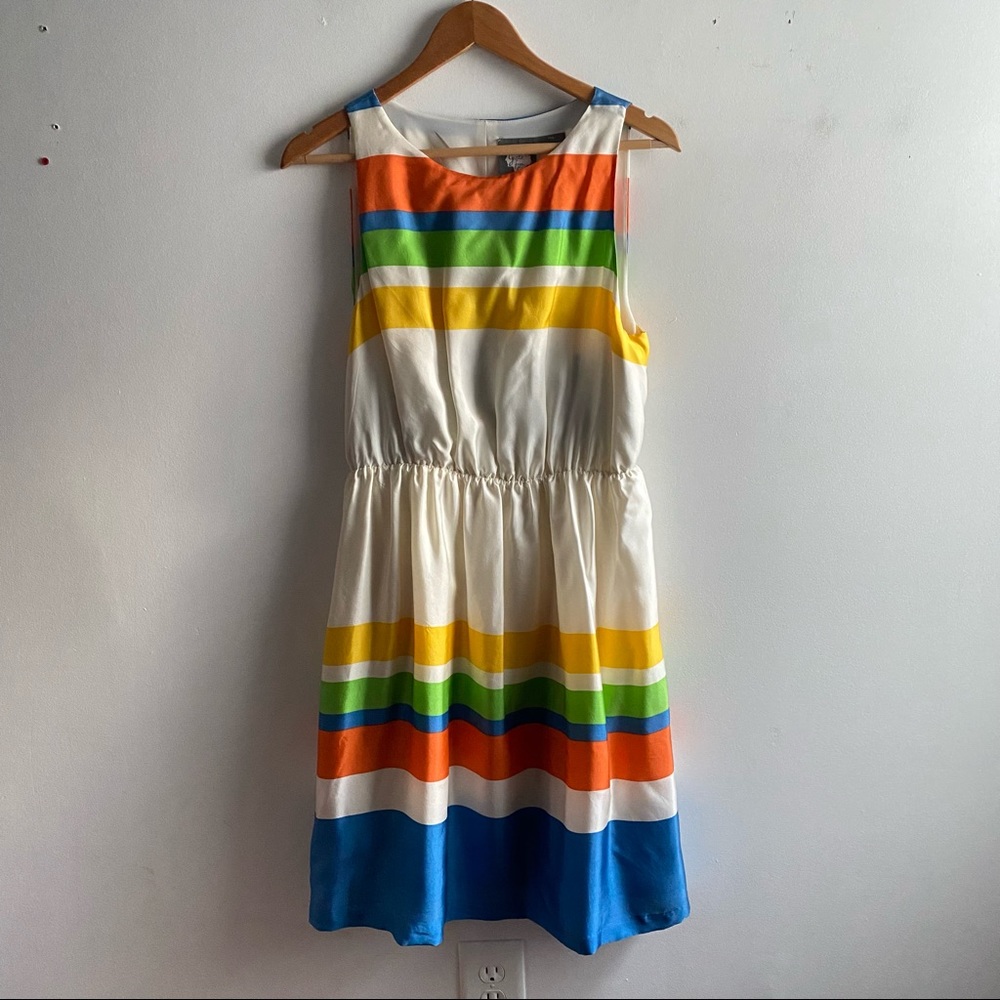 Girls From Savoy Anthropologie ivory orange blue green stripe silk mini dress